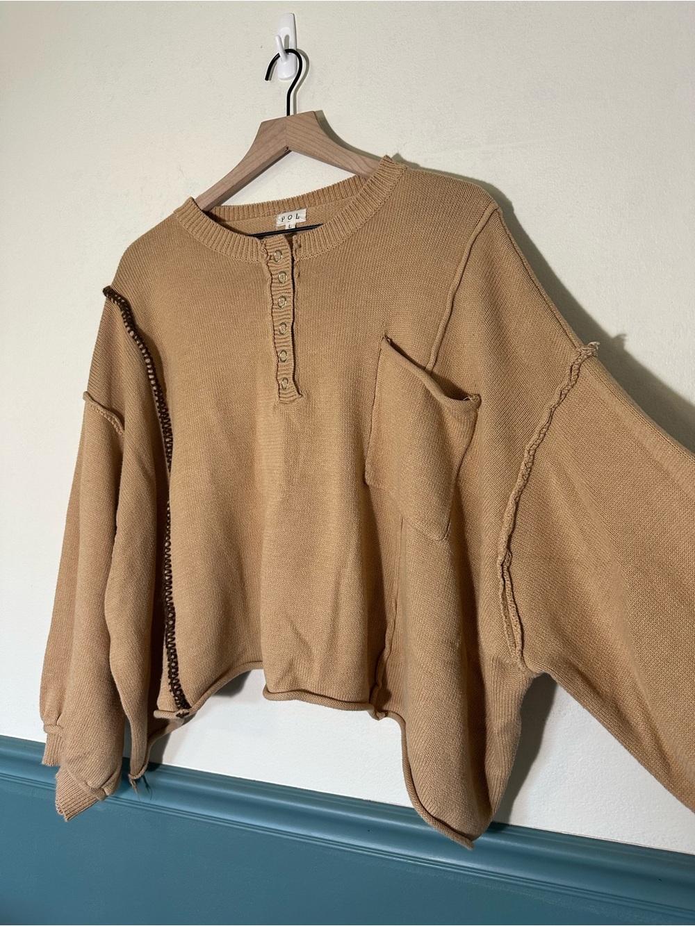 POL Camel/Tan Oversized Crewneck Button-Front Sweater